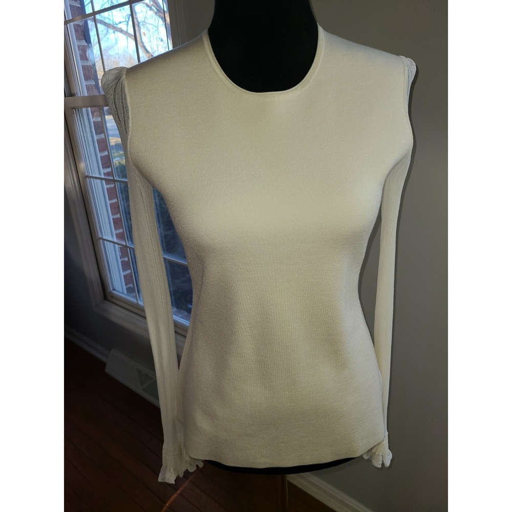 Theory Tunic Sweater Cream Long Shear Ruffle Cuff Sleeve Knit Pullover Size S - Picture 7 of 9